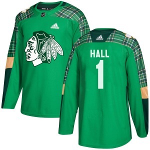 Youth Glenn Hall Chicago Blackhawks Adidas Authentic Green St. Patrick's Day Practice Jersey