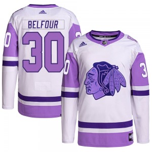 Youth ED Belfour Chicago Blackhawks Adidas Authentic White/Purple Hockey Fights Cancer Primegreen Jersey