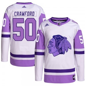 Youth Corey Crawford Chicago Blackhawks Adidas Authentic White/Purple Hockey Fights Cancer Primegreen Jersey