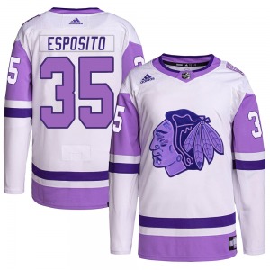 Youth Tony Esposito Chicago Blackhawks Adidas Authentic White/Purple Hockey Fights Cancer Primegreen Jersey