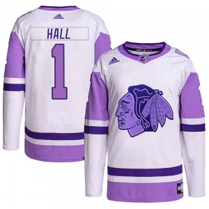 Youth Glenn Hall Chicago Blackhawks Adidas Authentic White/Purple Hockey Fights Cancer Primegreen Jersey