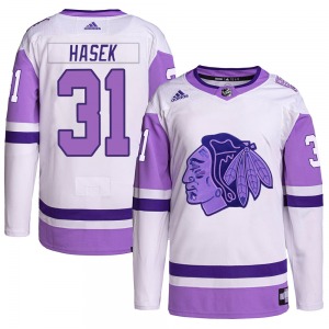 Youth Dominik Hasek Chicago Blackhawks Adidas Authentic White/Purple Hockey Fights Cancer Primegreen Jersey