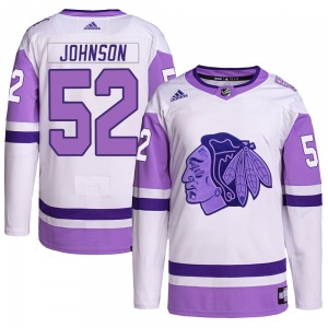 Youth Reese Johnson Chicago Blackhawks Adidas Authentic White/Purple Hockey Fights Cancer Primegreen Jersey