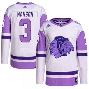 Youth Dave Manson Chicago Blackhawks Adidas Authentic White/Purple Hockey Fights Cancer Primegreen Jersey