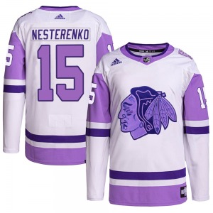 Youth Eric Nesterenko Chicago Blackhawks Adidas Authentic White/Purple Hockey Fights Cancer Primegreen Jersey