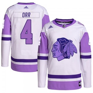 Youth Bobby Orr Chicago Blackhawks Adidas Authentic White/Purple Hockey Fights Cancer Primegreen Jersey