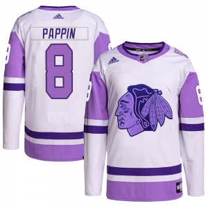 Youth Jim Pappin Chicago Blackhawks Adidas Authentic White/Purple Hockey Fights Cancer Primegreen Jersey