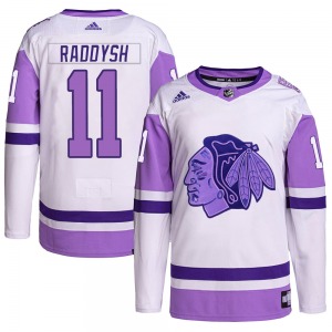 Youth Taylor Raddysh Chicago Blackhawks Adidas Authentic White/Purple Hockey Fights Cancer Primegreen Jersey