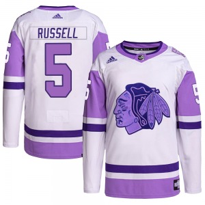 Youth Phil Russell Chicago Blackhawks Adidas Authentic White/Purple Hockey Fights Cancer Primegreen Jersey
