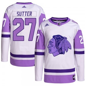Youth Darryl Sutter Chicago Blackhawks Adidas Authentic White/Purple Hockey Fights Cancer Primegreen Jersey