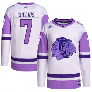 Chris Chelios Chicago Blackhawks Adidas Authentic White/Purple Hockey Fights Cancer Primegreen Jersey