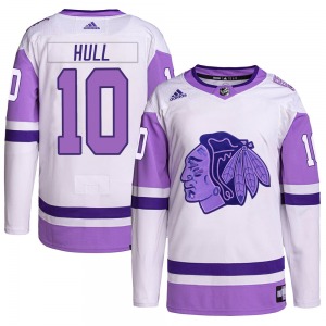 Dennis Hull Chicago Blackhawks Adidas Authentic White/Purple Hockey Fights Cancer Primegreen Jersey