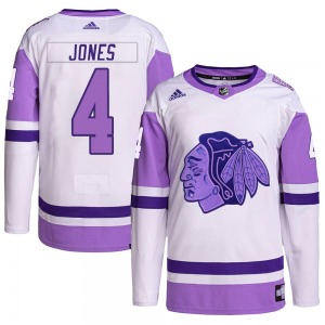 Seth Jones Chicago Blackhawks Adidas Authentic White/Purple Hockey Fights Cancer Primegreen Jersey