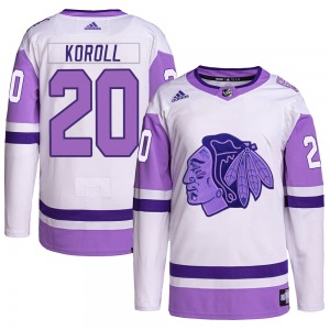 Cliff Koroll Chicago Blackhawks Adidas Authentic White/Purple Hockey Fights Cancer Primegreen Jersey
