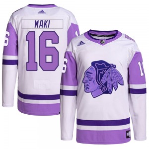 Chico Maki Chicago Blackhawks Adidas Authentic White/Purple Hockey Fights Cancer Primegreen Jersey