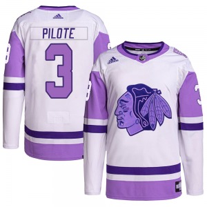 Pierre Pilote Chicago Blackhawks Adidas Authentic White/Purple Hockey Fights Cancer Primegreen Jersey