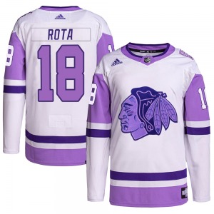 Darcy Rota Chicago Blackhawks Adidas Authentic White/Purple Hockey Fights Cancer Primegreen Jersey
