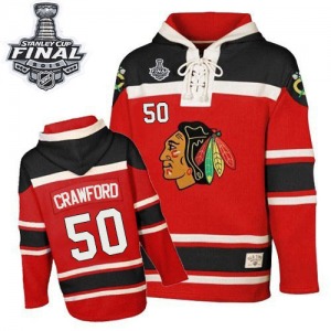 Youth Corey Crawford Chicago Blackhawks Authentic Red Old Time Hockey Sawyer Hooded Sweatshirt 2015 Stanley Cup Patch