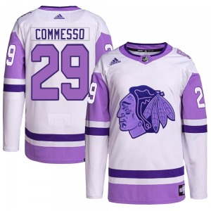 Youth Drew Commesso Chicago Blackhawks Adidas Authentic White/Purple Hockey Fights Cancer Primegreen Jersey