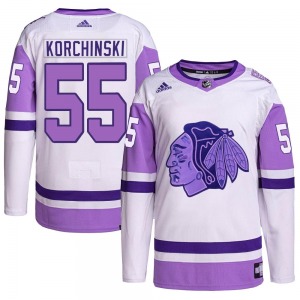 Youth Kevin Korchinski Chicago Blackhawks Adidas Authentic White/Purple Hockey Fights Cancer Primegreen Jersey