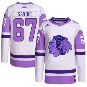 Youth Samuel Savoie Chicago Blackhawks Adidas Authentic White/Purple Hockey Fights Cancer Primegreen Jersey