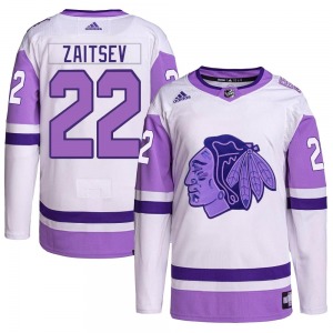 Youth Nikita Zaitsev Chicago Blackhawks Adidas Authentic White/Purple Hockey Fights Cancer Primegreen Jersey