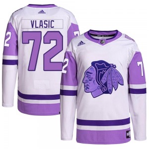 Alex Vlasic Chicago Blackhawks Adidas Authentic White/Purple Hockey Fights Cancer Primegreen Jersey